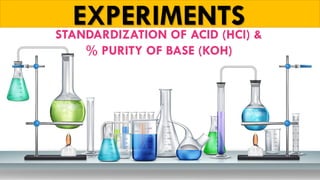 EXPERIMENTS
STANDARDIZATION OF ACID (HCl) &
% PURITY OF BASE (KOH)
 