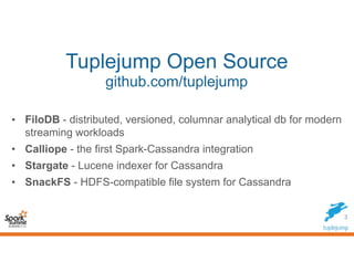 Tuplejump Open Source
github.com/tuplejump
• FiloDB - distributed, versioned, columnar analytical db for modern
streaming ...