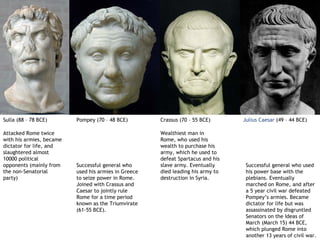 Sulla (88 – 78 BCE)       Pompey (70 – 48 BCE)        Crassus (70 – 55 BCE)      Julius Caesar (49 – 44 BCE)

Attacked Rome twice                                   Wealthiest man in
with his armies, became                               Rome, who used his
dictator for life, and                                wealth to purchase his
slaughtered almost                                    army, which he used to
10000 political                                       defeat Spartacus and his
opponents (mainly from    Successful general who      slave army. Eventually      Successful general who used
the non-Senatorial        used his armies in Greece   died leading his army to    his power base with the
party)                    to seize power in Rome.     destruction in Syria.       plebians. Eventually
                          Joined with Crassus and                                 marched on Rome, and after
                          Caesar to jointly rule                                  a 5 year civil war defeated
                          Rome for a time period                                  Pompey’s armies. Became
                          known as the Triumvirate                                dictator for life but was
                          (61-55 BCE).                                            assassinated by disgruntled
                                                                                  Senators on the Ideas of
                                                                                  March (March 15) 44 BCE,
                                                                                  which plunged Rome into
                                                                                  another 13 years of civil war.
 