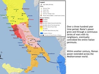 Over a three hundred year
time period, Rome’s power
grew and through a continuous
series of wars with its
neighbours, eventually
controlled the entire Italian
peninsula.



Within another century, Roman
power extended across the
Mediterranean world.
 