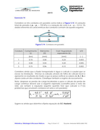 2007/8
Hidráulica, Hidrologia & Recursos Hídricos Pág. 5-10 de 5-17 Docente: Herlander MATA-LIMA, PhD
Exercício 14
Considere os três condutos em paralelo como indica a Figura 5.14. A variação
total de pressão é px – py = 150 kPa e a variação de cota é zx – zy = 5.0 m. Os
dados referentes às características dos condutos constam do quadro seguinte.
Figura 5.14. Condutos em paralelo.
Conduto Comprimento
(L)
Diâmentro
(D)
Coef. Rugosidade
equivalente (k)
k/D
(km) (mm) (mm) ( - )
1 0,10 0,08 0,24 0,003
2 0,08 0,04 0,20 0,005
3 0,15 0,06 0,12 0,002
Considere ainda que o fluído transportado é água e calcule o caudal que se
escoa na instalação. Efectue os cálculos através de folha de cálculo Excel e
apresente os resultados de modo a que se possa verificar os valores de hf, f, Re e
J para cada um dos condutos. Classifique também o regime do escoamento.
Nota: despreze as perdas de carga localizadas e para o cálculo da perda de
carga contínua deverá usar a seguinte expressão (conselho para o resto da
vida: use sempre a equação seguinte quando tiver que calcular o f nos
problemas que envolvam condutos em série e em paralelo):
Sugere-se ainda que obtenha o f pela equação de S.E. Haaland.
52
2
f2
22
32
h
2
4
2
4
gD
fLQ
ou
gA
Q
D
fL
g
U
D
fL
hf
π
===
 