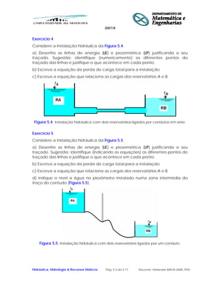 2007/8
Hidráulica, Hidrologia & Recursos Hídricos Pág. 5-3 de 5-17 Docente: Herlander MATA-LIMA, PhD
Exercício 4
Considere a instalação hidráulica da Figura 5.4.
a) Desenhe as linhas de energia (LE) e piezométrica (LP) justificando o seu
traçado. Sugestão: identifique (numericamente) os diferentes pontos do
traçado das linhas e justifique o que acontece em cada ponto.
b) Escreva a equação da perda de carga total para a instalação.
c) Escreva a equação que relaciona as cargas dos reservatórios A e B.
Figura 5.4. Instalação hidráulica com dois reservatórios ligados por condutos em série.
Exercício 5
Considere a instalação hidráulica da Figura 5.5.
a) Desenhe as linhas de energia (LE) e piezométrica (LP) justificando o seu
traçado. Sugestão: identifique (indicando as equações) os diferentes pontos do
traçado das linhas e justifique o que acontece em cada ponto.
b) Escreva a equação da perda de carga total para a instalação.
c) Escreva a equação que relaciona as cargas dos reservatórios A e B.
d) indique o nível a água no piezómetro instalado numa zona intermédia do
troço do contudo (Figura 5.5).
Figura 5.5. Instalação hidráulica com dois reservatórios ligados por um conduto.
 