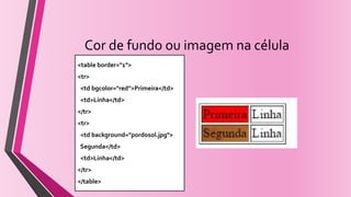 Cor de fundo ou imagem na célula
<table border="1">
<tr>
<td bgcolor="red">Primeira</td>
<td>Linha</td>
</tr>
<tr>
<td background="pordosol.jpg">
Segunda</td>
<td>Linha</td>
</tr>
</table>
 