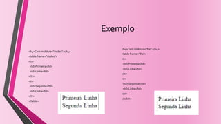 Exemplo
<h4>Com moldura="vsides":</h4>
<table frame="vsides">
<tr>
<td>Primeira</td>
<td>Linha</td>
</tr>
<tr>
<td>Segunda</td>
<td>Linha</td>
</tr>
</table>
<h4>Com moldura="lhs":</h4>
<table frame="lhs">
<tr>
<td>Primeira</td>
<td>Linha</td>
</tr>
<tr>
<td>Segunda</td>
<td>Linha</td>
</tr>
</table>
 