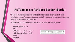 AsTabelas e o Atributo Border (Borda)
• Se você não especificar um atributo border a tabela será exibida sem
qualquer borda. Às vezes isto pode ser útil, mas geralmente, você irá querer
que as bordas sejam mostradas.
• Para exibir uma tabela com bordas, você usará o atributo border:
<table border="1">
<tr>
<td>linha 1, célula 1</td>
<td>linha 1, célula 2</td>
</tr>
</table>
 