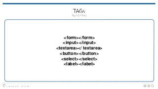 <form></form>
<input></input>
<textarea></ textarea>
<button></button>
<select></select>
<label></label>
 