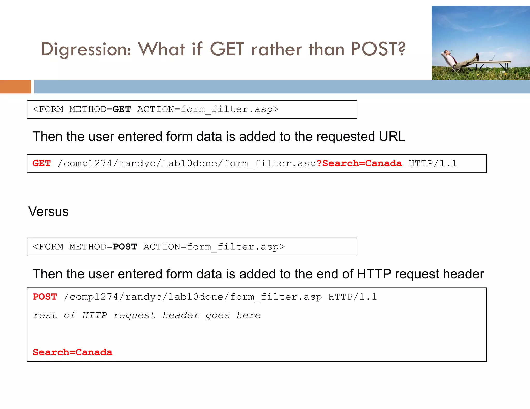 Digression: What if GET rather than POST?
   g         W       G                OS

<FORM METHOD=GET ACTION=form_filter.asp>

Then the user entered form data is added to the requested URL
GET /comp1274/randyc/lab10done/form_filter.asp?Search=Canada HTTP/1.1



Versus

<FORM METHOD=POST ACTION=form_filter.asp>

Then the user entered form data is added to the end of HTTP request header
POST /comp1274/randyc/lab10done/form_filter.asp HTTP/1.1
rest of HTTP request header goes here


Search=Canada
 