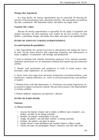 Mr. Channabasappa.K.M. PCON.
105
Manage other departments
In a large facility, the nursing superintendent may be responsible for directing the
activities of the housekeeping, linen, and kitchen facilities. She must handle any problems
that arise, communicate with department leaders, and address any supply issues.
Negotiate with vendors
Because the nursing superintendent is responsible for the supply of equipment and
medical necessities, she often negotiates with vendors for the new contracts. In large
facilities, a purchasing manager may handle these duties and report to the superintendent.
DUTIES OF ASSISTANT NURSING SUPERINTENDENT:
Essential Functions/Responsibilities:
1. Take responsibility for a group of activities or subcontractors and manage the work to
be done. Provide liaison between field engineering, estimating, and subcontractors to
ensure compliance of construction with drawings and specifications.
2. Assist in planning work schedule, determining manpower levels, materials quantities,
equipment, requirements, etc. are maintained, including field engineering and construction
activities.
3. Monitor work performance and productivity of crafts to ensure project rules,
procedures, safety requirements, etc. are maintained.
4. Advise senior level supervision and project management of potential problems, work
interferences, schedule difficulties, etc. Assist in circumventing/resolving such problems
as required.
5. Maintain liaison with other departments, i.e., Purchasing, Accounting, Engineering, etc.
as required to support construction schedule. May provide assistance to the Superintendent
in resolving problems.
6. Perform additional assignments per supervisor‘s direction.
DUTIES OF WARD SISTER:
Functions:
A. Clinical Activities:
1. Assesses the situation of given unit in relation to different types of patient‘s care,
facilities provided by the nursing personnel.
2. Identifies the patient‘s need/problem in the unit.
3. Assigns the patient‘s care and others activities to nursing personnel.
4. Evaluates the patient‘s care given by nurses.
5. Attends Doctor‘s round and Matron and Assistant Matron‘s Clinical rounds.
6. Checks and caries out and delegates Doctor‘s instruction and order after round.
 