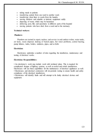 Mr. Channabasappa.K.M. PCON.
123
 taking meals to patients
 transferring patient from one ward to another ward.
 transferring clean linen to wards from the laundry
 moving furniture and valuable or intricate equipment safely
 disposing of waste, which may be hazardous
 delivering post, files and specimens to different parts of the hospital
 moving patients who have died, from a ward and to the mortuary.
Technical workers:
Plumbers:
Plumbers are trained to repair, replace, and service in and outdoor toilets, water tanks,
air locks, waste disposal, leaking or busted pipes, hot water problems, central heating,
pump failures, tanks, boilers, radiators, pipes, and so forth.
Electrician:
Electricians undertake a number of roles regarding the installation, maintenance and
testing of electrical works.
Electrician Responsibilities:
• An electrician‘s work may include work with technical plans. This is required for
complicated designs of lighting systems, as well as socket and switch installations.
Electricians will use these capabilities for the maintenance of electrical appliances as well.
• Electricians and electrical contractors will do periodic testing to ensure health and safety
compliance of the electrical installations.
• Electricians will identify faults and will attempt to fix faulty electrical devises and
equipment.
 