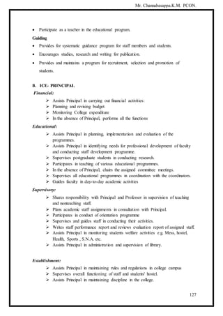 Mr. Channabasappa.K.M. PCON.
127
 Participate as a teacher in the educational program.
Guiding
 Provides for systematic guidance program for staff members and students.
 Encourages studies, research and writing for publication.
 Provides and maintains a program for recruitment, selection and promotion of
students.
B. ICE- PRINCIPAL
Financial:
 Assists Principal in carrying out financial activities:
 Planning and revising budget
 Monitoring College expenditure
 In the absence of Principal, performs all the functions
Educational:
 Assists Principal in planning, implementation and evaluation of the
programmes.
 Assists Principal in identifying needs for professional development of faculty
and conducting staff development programme.
 Supervises postgraduate students in conducting research.
 Participates in teaching of various educational programmes.
 In the absence of Principal, chairs the assigned committee meetings.
 Supervises all educational programmes in coordination with the coordinators.
 Guides faculty in day-to-day academic activities
Supervisory:
 Shares responsibility with Principal and Professor in supervision of teaching
and nonteaching staff.
 Plans academic staff assignments in consultation with Principal.
 Participates in conduct of orientation programme
 Supervises and guides staff in conducting their activities.
 Writes staff performance report and reviews evaluation report of assigned staff.
 Assists Principal in monitoring students welfare activities e.g. Mess, hostel,
Health, Sports , S.N.A. etc.
 Assists Principal in administration and supervision of library.
Establishment:
 Assists Principal in maintaining rules and regulations in college campus
 Supervises overall functioning of staff and students' hostel.
 Assists Principal in maintaining discipline in the college.
 