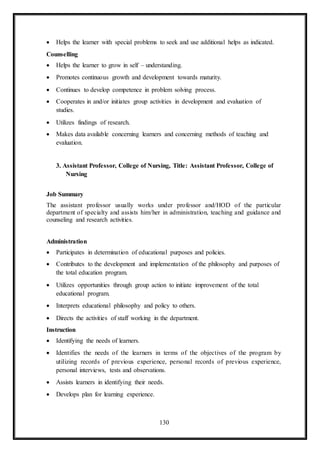 130
 Helps the learner with special problems to seek and use additional helps as indicated.
Counselling
 Helps the learner to grow in self – understanding.
 Promotes continuous growth and development towards maturity.
 Continues to develop competence in problem solving process.
 Cooperates in and/or initiates group activities in development and evaluation of
studies.
 Utilizes findings of research.
 Makes data available concerning learners and concerning methods of teaching and
evaluation.
3. Assistant Professor, College of Nursing, Title: Assistant Professor, College of
Nursing
Job Summary
The assistant professor usually works under professor and/HOD of the particular
department of specialty and assists him/her in administration, teaching and guidance and
counseling and research activities.
Administration
 Participates in determination of educational purposes and policies.
 Contributes to the development and implementation of the philosophy and purposes of
the total education program.
 Utilizes opportunities through group action to initiate improvement of the total
educational program.
 Interprets educational philosophy and policy to others.
 Directs the activities of staff working in the department.
Instruction
 Identifying the needs of learners.
 Identifies the needs of the learners in terms of the objectives of the program by
utilizing records of previous experience, personal records of previous experience,
personal interviews, tests and observations.
 Assists learners in identifying their needs.
 Develops plan for learning experience.
 