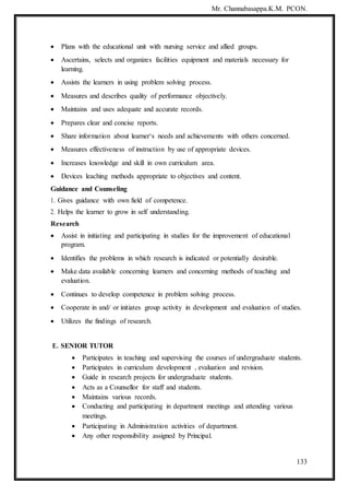 Mr. Channabasappa.K.M. PCON.
133
 Plans with the educational unit with nursing service and allied groups.
 Ascertains, selects and organizes facilities equipment and materials necessary for
learning.
 Assists the learners in using problem solving process.
 Measures and describes quality of performance objectively.
 Maintains and uses adequate and accurate records.
 Prepares clear and concise reports.
 Share information about learner‘s needs and achievements with others concerned.
 Measures effectiveness of instruction by use of appropriate devices.
 Increases knowledge and skill in own curriculum area.
 Devices leaching methods appropriate to objectives and content.
Guidance and Counseling
1. Gives guidance with own field of competence.
2. Helps the learner to grow in self understanding.
Research
 Assist in initiating and participating in studies for the improvement of educational
program.
 Identifies the problems in which research is indicated or potentially desirable.
 Make data available concerning learners and concerning methods of teaching and
evaluation.
 Continues to develop competence in problem solving process.
 Cooperate in and/ or initiates group activity in development and evaluation of studies.
 Utilizes the findings of research.
E. SENIOR TUTOR
 Participates in teaching and supervising the courses of undergraduate students.
 Participates in curriculum development , evaluation and revision.
 Guide in research projects for undergraduate students.
 Acts as a Counsellor for staff and students.
 Maintains various records.
 Conducting and participating in department meetings and attending various
meetings.
 Participating in Administration activities of department.
 Any other responsibility assigned by Principal.
 