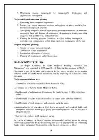 14
5. Determining training requirements for management‘s development and
organizational development.
Major activities of manpower planning
1. Forecasting future manpower requirements
2. Inventorying, present manpower resources and analysing the degree to which these
resources are employed optimally.
3. Anticipating manpower problem by projecting present resources into the future and
comparing them with forecast of requirement of requirement to determine their
adequacy, both quantitatively, and qualitatively
4. Planning the necessary program, recruitment, selection, training, development,
motivation and compensation, so that future manpower requirements will be met.
Steps of manpower planning:
1. Scrutiny of present personnel strength.
2. Anticipation of man power needs.
3. Investigation of turnover of personnel
4. Planning job requirements and job descriptions
BAJAJ COMMITTEE, 1986
An "Expert Committee for Health Manpower Planning, Production and
Management" was constituted in 1985 under Dr. J.S. Bajaj, the then professor at AIIMS.
Manpower is one of the most vital resources for the labour intensive health services
industry. Health for all (HFA) can be achieved only by improving the utilization of these
resources.
Major recommendations are:-
1. Formulation of National Medical & Health Education Policy.
2. Formulate on of National Health Manpower Policy.
3.Establishment of an Educational Commission for Health Sciences (ECHS) on the lines
of UGC.
4.Establishment of Health Science Universities in various states and union territories.
5.Establishment of health manpower cells at centre and in the states.
6.Vocationalisation of education at 10+2 levels as regards health related fields with
appropriate incentives, so that good quality paramedical personnel may be available in
adequate numbers.
7.Carrying out a realistic health manpower survey.
In relation to nursing, the Bajaj Committee recommended staffing norms for nursing
manpower requirements for hospital nursing services and requirements for community
health centres and primary health centres on the basis of calculations as follow:
 
