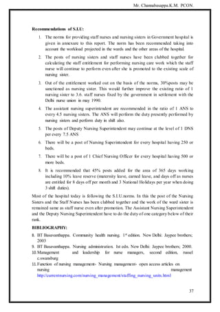 Mr. Channabasappa.K.M. PCON.
37
Recommendations of S.I.U:
1. The norms for providing staff nurses and nursing sisters in Government hospital is
given in annexure to this report. The norm has been recommended taking into
account the workload projected in the wards and the other areas of the hospital.
2. The posts of nursing sisters and staff nurses have been clubbed together for
calculating the staff entitlement for performing nursing care work which the staff
nurse will continue to perform even after she is promoted to the existing scale of
nursing sister.
3. Out of the entitlement worked out on the basis of the norms, 30%posts may be
sanctioned as nursing sister. This would further improve the existing ratio of 1
nursing sister to 3.6. staff nurses fixed by the government in settlement with the
Delhi nurse union in may 1990.
4. The assistant nursing superintendent are recommended in the ratio of 1 ANS to
every 4.5 nursing sisters. The ANS will perform the duty presently performed by
nursing sisters and perform duty in shift also.
5. The posts of Deputy Nursing Superintendent may continue at the level of 1 DNS
per every 7.5 ANS
6. There will be a post of Nursing Superintendent for every hospital having 250 or
beds.
7. There will be a post of 1 Chief Nursing Officer for every hospital having 500 or
more beds.
8. It is recommended that 45% posts added for the area of 365 days working
including 10% leave reserve (maternity leave, earned leave, and days off as nurses
are entitled for 8 days off per month and 3 National Holidays per year when doing
3 shift duties).
Most of the hospital today is following the S.I.U.norms. In this the post of the Nursing
Sisters and the Staff Nurses has been clubbed together and the work of the ward sister is
remained same as staff nurse even after promotion. The Assistant Nursing Superintendent
and the Deputy Nursing Superintendent have to do the duty of one category below of their
rank.
BIBLIOGRAPHY:
8. BT Basavanthappa. Community health nursing. 1st edition. New Delhi: Jaypee brothers;
2003
9. BT Basavanthappa. Nursing administration. Ist edn. New Delhi: Jaypee brothers; 2000.
10.Management and leadership for nurse managers, second edition, russel
c.swansburg
11.Function of nursing management- Nursing management- open access articles on
nursing management
http://currentnursing.com/nursing_management/staffing_nursing_units.html
 
