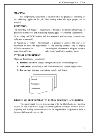 Mr. Channabasappa.K.M. PCON.
43
MEANING:
In a simple term, recruitment is understood as the process of searching for
and obtaining applicants for job, from among whom the right people can be
selected.
DEFINITION:
1) According to B Flippo: ―Recruitment is defined as the process of searching for
prospective employees and stimulating them to apply foe job in the organization‖.
2) According to IGNOU Module: ―It is a process in which the right person for the
right post is procured‖.
3) According to Yoder: ―Recruitment is a process to discover the sources of
manpower to meet the requirements of the staffing schedule and to employ
effective measures for attracting that manpower in adequate numbers
to facilitate effective selectionof an efficient working force.‖
TYPES OF RECRUITMENT:
There are three types of recruitment:
1. Planned: arise from changes in organization and recruitment policy
2. Anticipated: by studying trends in the internal and external organization.
3. Unexpected: arise due to accidents, transfer and illness.
LIKAGES OF REQUIREMENT TO HUMAN RESOURCE ACQUISITION
The requirement process is concerned with the identification of possible
sources of human resources supply and tapping those resources, the total process
acquiring and placing human resources in the organization. Requirement fails in
between different sub process like:
Planned
Anticipated
Unexpected
 