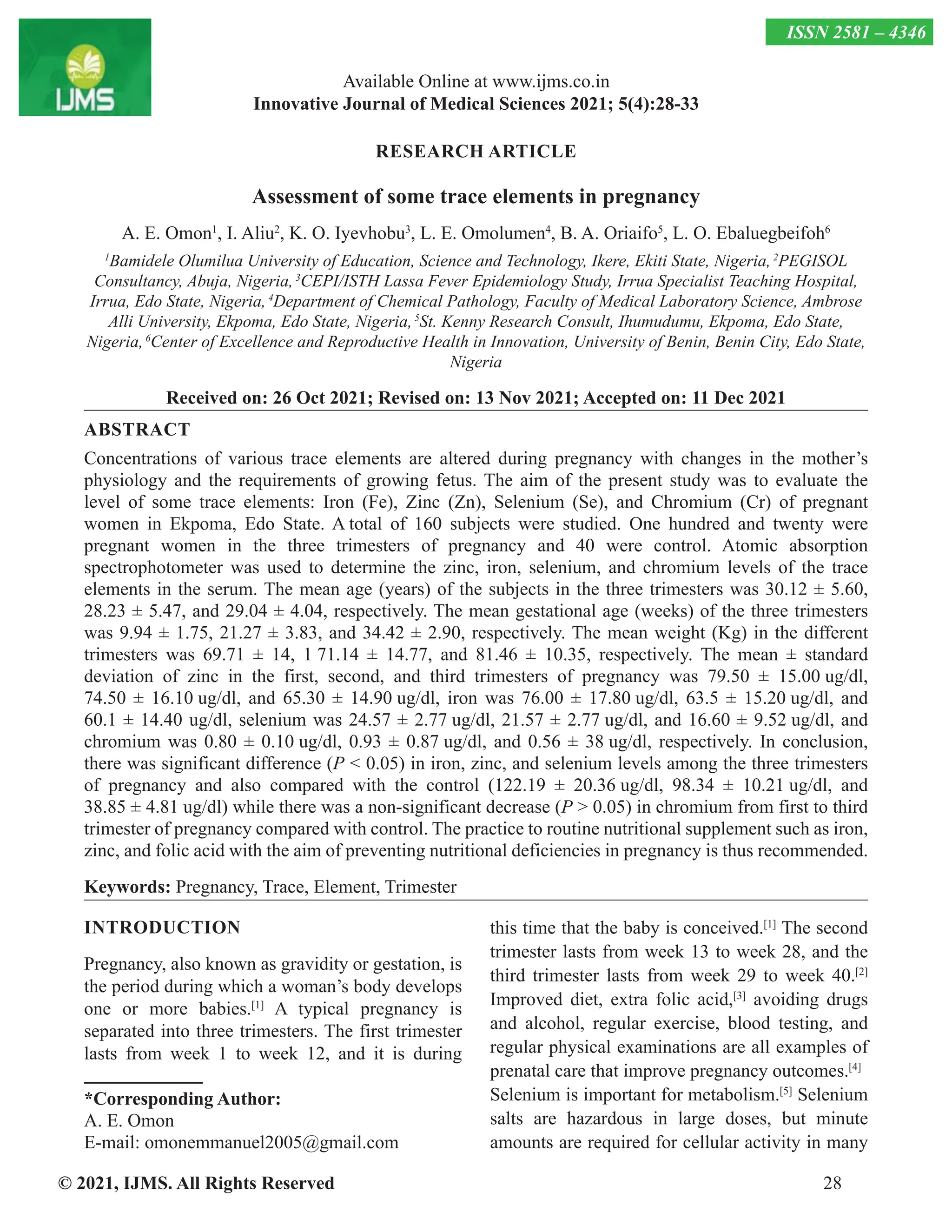 Assessment of some trace elements in pregnancy | PDF