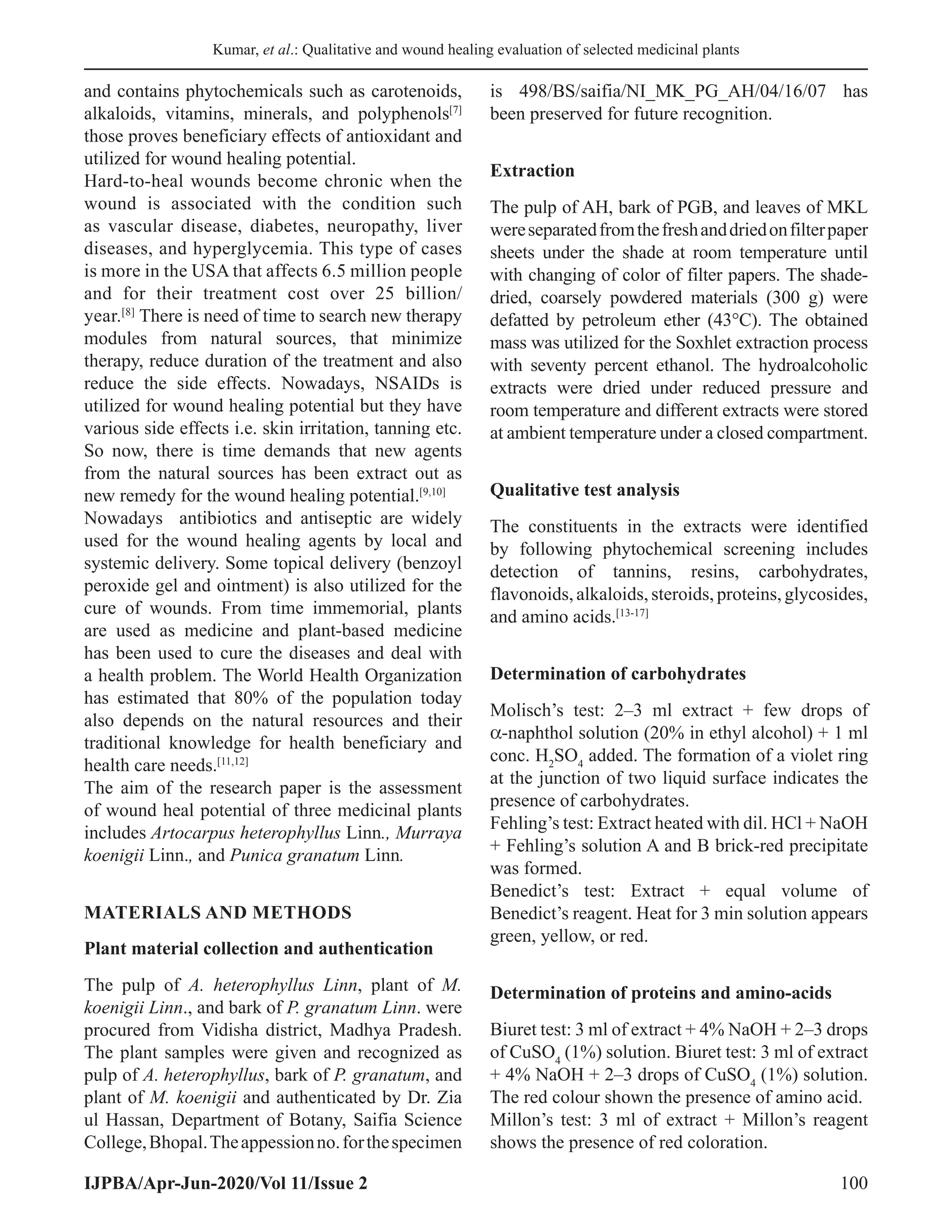 Qualitative Evaluation and Wound Healing Potential of Selected Medicinal Plants by Excision