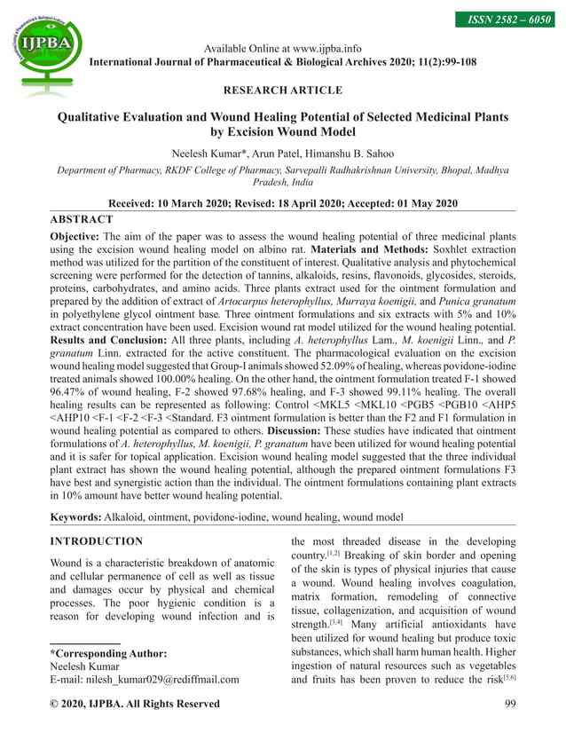 Qualitative Evaluation and Wound Healing Potential of Selected Medicinal Plants by Excision