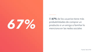 El 67% de los usuarios tiene más
probabilidades de comprar un
producto si un amigo o familiar lo
menciona en las redes sociales
67%
Fuente: Harris Poll
 