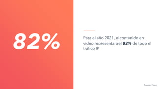Para el año 2021, el contenido en
video representará el 82% de todo el
tráfico IP
82%
Fuente: Cisco
 