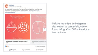 Incluye todo tipo de imágenes
visuales en tu contenido, como
fotos, infografías, GIF animados e
ilustraciones
 