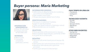 PASA TIEMPO EN LÍNEA EN:
• Facebook
• Instagram
• Etsy
TECNOLOGÍA FAVORITA:
• Kindle
• iPhone
• Amazon Echo
• MacBook
• Fitbit
SITIOS WEB FAVORITOS:
• Vanity Fair
• Fast Company
• Mashable
• AdWeek
Buyer persona: María Marketing
INFORMACIÓN GENERAL:
• Administra un departamento de marketing
con entre 3 y 5 empleados
• Está casada y tiene hijos
• Ocupa ese puesto desde hace 5 años
IDENTIFICADORES:
• Conduce un automóvil modesto
• Logra lo que se propone
• Tiene una determinación y liderazgo natural
• Marca tendencias con su estilo
OBJETIVOS:
• Tiene grandes ambiciones para su equipo
• Busca superar expectativas y aumentar el ROI
• Le gusta ser su propia jefa
DESAFÍOS:
• Generar suficientes leads para el equipo de
ventas
• Administrar las comunicaciones de la marca
• Identificar alternativas para optimizar
procesos
• Siente que siempre le falta tiempo
INFORMACIÓN
DEMOGRÁFICA:
• Entre 35 y 45 años
• Ingresos de más
de $70.000 USD
INTERESES:
• Música pop
• Comedias
románticas
(películas y series)
 