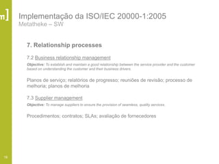 18
Implementação da ISO/IEC 20000-1:2005
Metatheke – SW
7. Relationship processes
7.2 Business relationship management
Objective: To establish and maintain a good relationship between the service provider and the customer
based on understanding the customer and their business drivers.
Planos de serviço; relatórios de progresso; reuniões de revisão; processo de
melhoria; planos de melhoria
7.3 Supplier management
Objective: To manage suppliers to ensure the provision of seamless, quality services.
Procedimentos; contratos; SLAs; avaliação de fornecedores
 