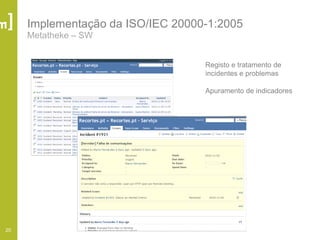 20
Implementação da ISO/IEC 20000-1:2005
Metatheke – SW
Registo e tratamento de
incidentes e problemas
Apuramento de indicadores
 
