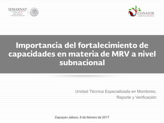 Unidad Técnica Especializada en Monitoreo,
Reporte y Verificación
Importancia del fortalecimiento de
capacidades en materia de MRV a nivel
subnacional
Zapopan Jalisco, 8 de febrero de 2017
 