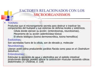 FACTORES RELACIONADOS CON LOS  MICROORGANISMOS TOXINAS:   Productos que el microorganismo secreta para destruir e inactivar los componentes del huésped y sus sistemas de defensa locales y sistémicos.  Célula donde ejerzan su acción: (enterotoxinas, neurotoxinas). Mecanismo de su acción (adenilciclasa tóxica) El efecto biológico (toxina dermonecrótica, toxina hemolítica) Exotoxinas ;  Son secretadas fuera de la célula, son de elevado p. molecular Neurotoxinas ;  Liberan acetil colina produciendo parálisis flacida como pasa en el  Clostridium botulinum. Enterotoxinas ;  Estimulan la secreción de agua y electrolitos por el epitelio intestinal produciendo diarrea, pueden alterar la contracción muscular causando cólicos abdominales ( V. Cholerae, E. Coli ) 