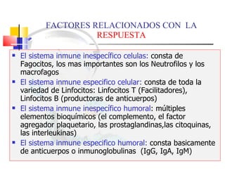 FACTORES RELACIONADOS CON  LA  RESPUESTA El sistema inmune inespecífico celulas:  consta de Fagocitos, los mas importantes son los Neutrofilos y los macrofagos El sistema inmune especifico celular:  consta de toda la variedad de Linfocitos: Linfocitos T (Facilitadores), Linfocitos B (productoras de anticuerpos) El sistema inmune inespecífico humoral : múltiples elementos bioquímicos (el complemento, el factor agregador plaquetario, las prostaglandinas,las citoquinas, las interleukinas) El sistema inmune especifico humoral:  consta basicamente de anticuerpos o inmunoglobulinas  (IgG, IgA, IgM)  