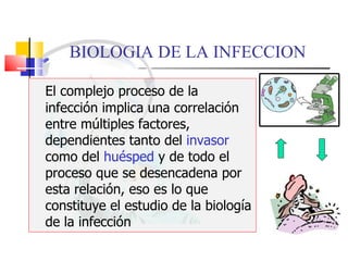 El complejo proceso de la infección implica una correlación entre múltiples factores, dependientes tanto del  invasor  como del  huésped  y de todo el proceso que se desencadena por esta relación, eso es lo que constituye el estudio de la biología de la infección BIOLOGIA DE LA INFECCION 