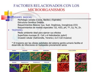 FACTORES RELACIONADOS CON LOS  MICROORGANISMOS NECESIDADES  BASICAS : Morfología variada (Cocos, Bacilos y Espirales) Estructura Genética Distinta. Requerimientos Básicos: Luz, Sust. Orgánicas, Inorgánicas (CO) Requerimientos de medios especiales: O2, H2O, pH, Tº, Ca, Fe, Zn. TROPISMO : Medio ambiente ideal para ejercer sus efectos Superficies mucosas (E. Coli y el Helicobacter pylori) Invasión celular (Salmonella, Yersinia y la E Coli invasiva) * El tropismo por las células epiteliales del sistema genito-urinario facilita el desarrollo de infecciones en huéspedes previamente sanos 