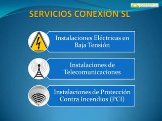 Instalaciones Eléctricas en
       Baja Tensión


     Instalaciones de
   Telecomunicaciones


Instalaciones de Protección
  Contra Incendios (PCI)
 