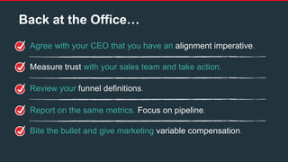 Back at the Office…
Agree with your CEO that you have an alignment imperative.
Measure trust with your sales team and take action.
Review your funnel definitions.
Report on the same metrics. Focus on pipeline.
Bite the bullet and give marketing variable compensation.
 