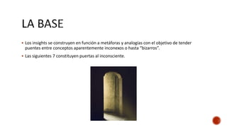  Los insights se construyen en función a metáforas y analogías con el objetivo de tender
puentes entre conceptos aparentemente inconexos o hasta “bizarros”.
 Las siguientes 7 constituyen puertas al inconsciente.
 