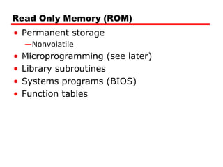 Read Only Memory (ROM)
• Permanent storage
—Nonvolatile
• Microprogramming (see later)
• Library subroutines
• Systems programs (BIOS)
• Function tables
 