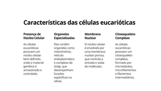 Características das células eucarióticas
Presença de
Núcleo Celular
As células
eucarióticas
possuem um
núcleo celular
bem definido,
onde o material
genético é
armazenado e
controlado.
Organelas
Especializadas
Elas contêm
organelas como
mitocôndrias,
retículo
endoplasmático
e complexo de
Golgi, que
desempenham
funções
específicas na
célula.
Membrana
Nuclear
O núcleo celular
é envolvido por
uma membrana
nuclear porosa,
que controla a
entrada e saída
de moléculas.
Citoesqueleto
Complexo
As células
eucarióticas
possuem um
citoesqueleto
complexo,
formado por
microtúbulos,
microfilamentos
e filamentos
intermediários.
 