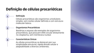 Definição de células procarióticas
1 Definição
Células procarióticas são organismos unicelulares
simples, sem núcleo celular definido e com estrutura
molecular básica.
2 Organismos Procarióticos
Bactérias e arqueas são exemplos de organismos
procarióticos, que possuem DNA circular diretamente
no citoplasma, sem membrana nuclear.
3 Características Únicas
As células procarióticas se destacam por sua
simplicidade estrutural, rápida divisão celular e
adaptabilidade a diversos ambientes.
 