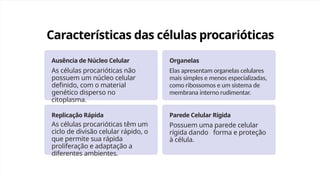 Características das células procarióticas
Ausência de Núcleo Celular
As células procarióticas não
possuem um núcleo celular
definido, com o material
genético disperso no
citoplasma.
Organelas
Elas apresentam organelas celulares
mais simples e menos especializadas,
como ribossomos e um sistema de
membrana interno rudimentar.
Replicação Rápida
As células procarióticas têm um
ciclo de divisão celular rápido, o
que permite sua rápida
proliferação e adaptação a
diferentes ambientes.
Parede Celular Rígida
Possuem uma parede celular
rígida dando forma e proteção
à célula.
 
