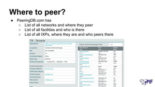 Where to peer?
● PeeringDB.com has
○ List of all networks and where they peer
○ List of all facilities and who is there
○ List of all IXPs, where they are and who peers there
 
