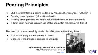 Peering Principles
● 99.5% of all Internet peering is done by "handshake" (source: PCH, 2011)
● Peering is unregulated (almost) worldwide
● Peering arrangements are made voluntarily based on mutual benefit
● If there is no peering in place, all of the Internet is reachable via transit
The Internet has successfully scaled for >20 years without regulation:
● 8 orders of magnitude increase in traffic
● 5 orders of magnitude decrease in unit price
"That will be $0.0000008 for IP transit, or
100,000x more for voice please"
Source: OECD
 
