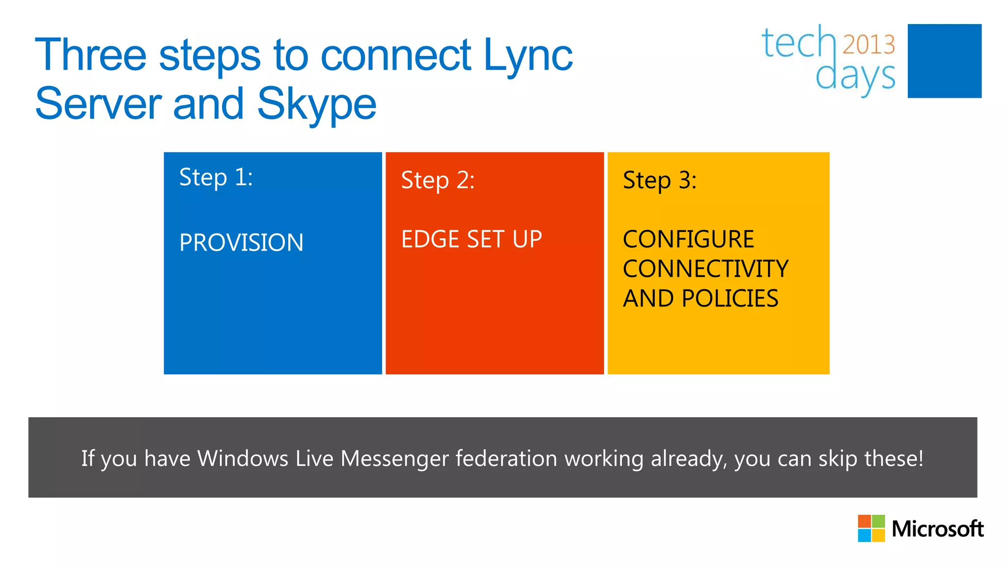 Three steps to connect Lync
Server and Skype
       Step 1:                Step 3:

       PROVISION              CONFIGURE
                              CONNECTIVITY
                              AND POLICIES
 