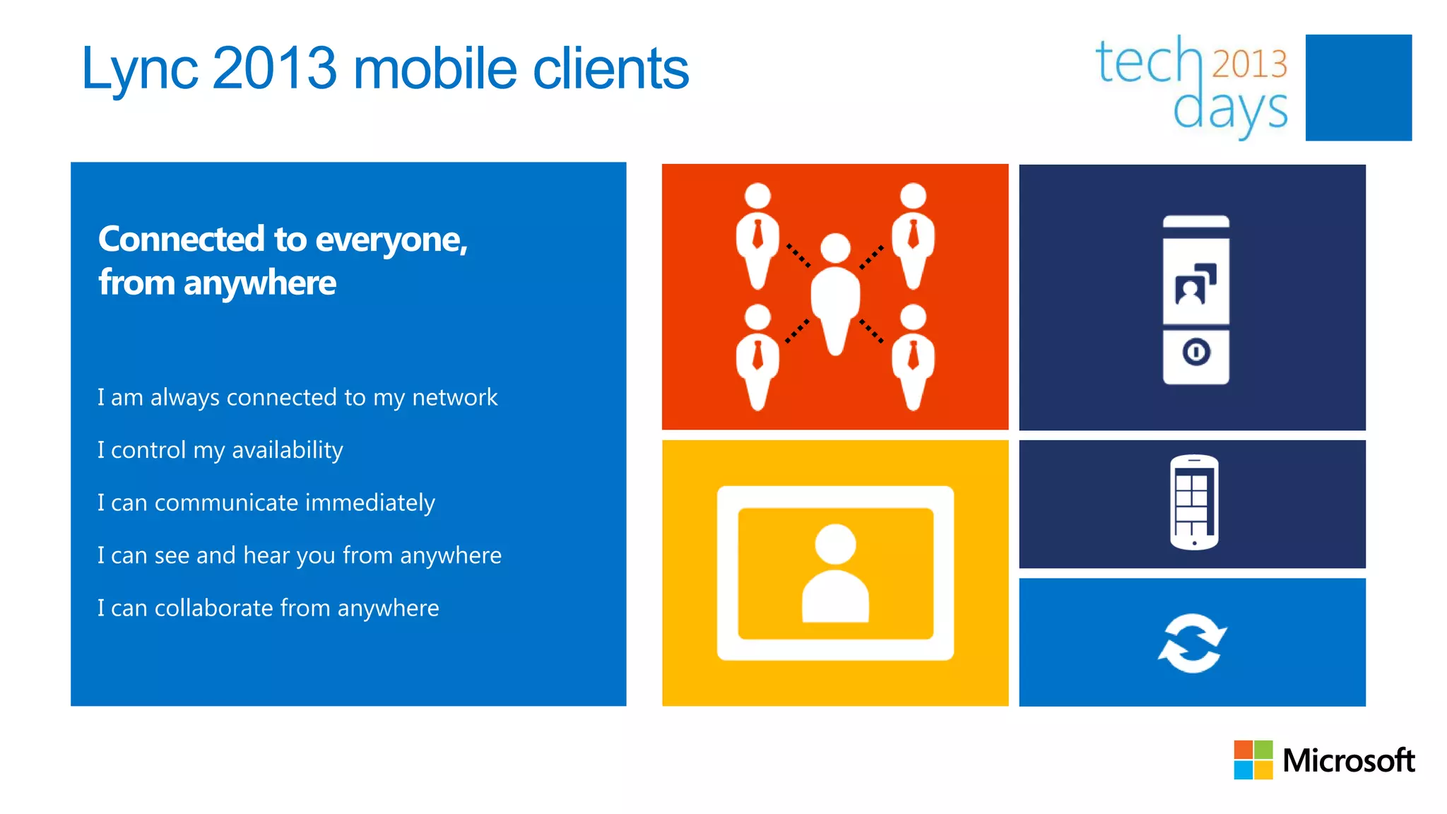Lync 2013 mobile clients

Connected to everyone,
from anywhere


I am always connected to my network

I control my availability

I can communicate immediately

I can see and hear you from anywhere

I can collaborate from anywhere
 