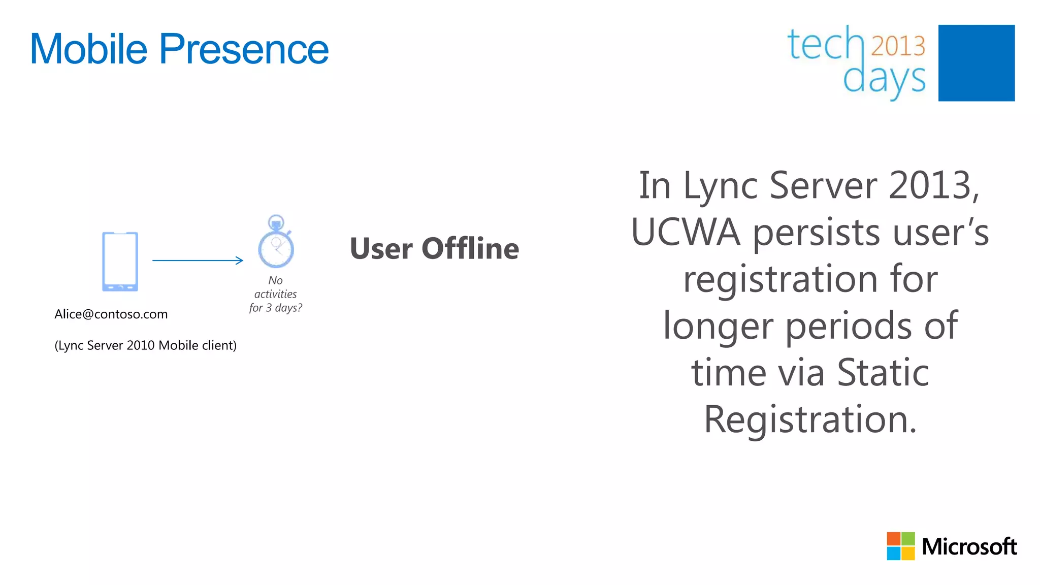 Mobile Presence


                                                                 In Lync Server 2013,
                                                  User Offline   UCWA persists user’s
                                        No
                                     activities
                                                                    registration for
                                                                   longer periods of
                                    for 3 days?
 Alice@contoso.com

 (Lync Server 2010 Mobile client)

                                                                     time via Static
                                                                      Registration.
 