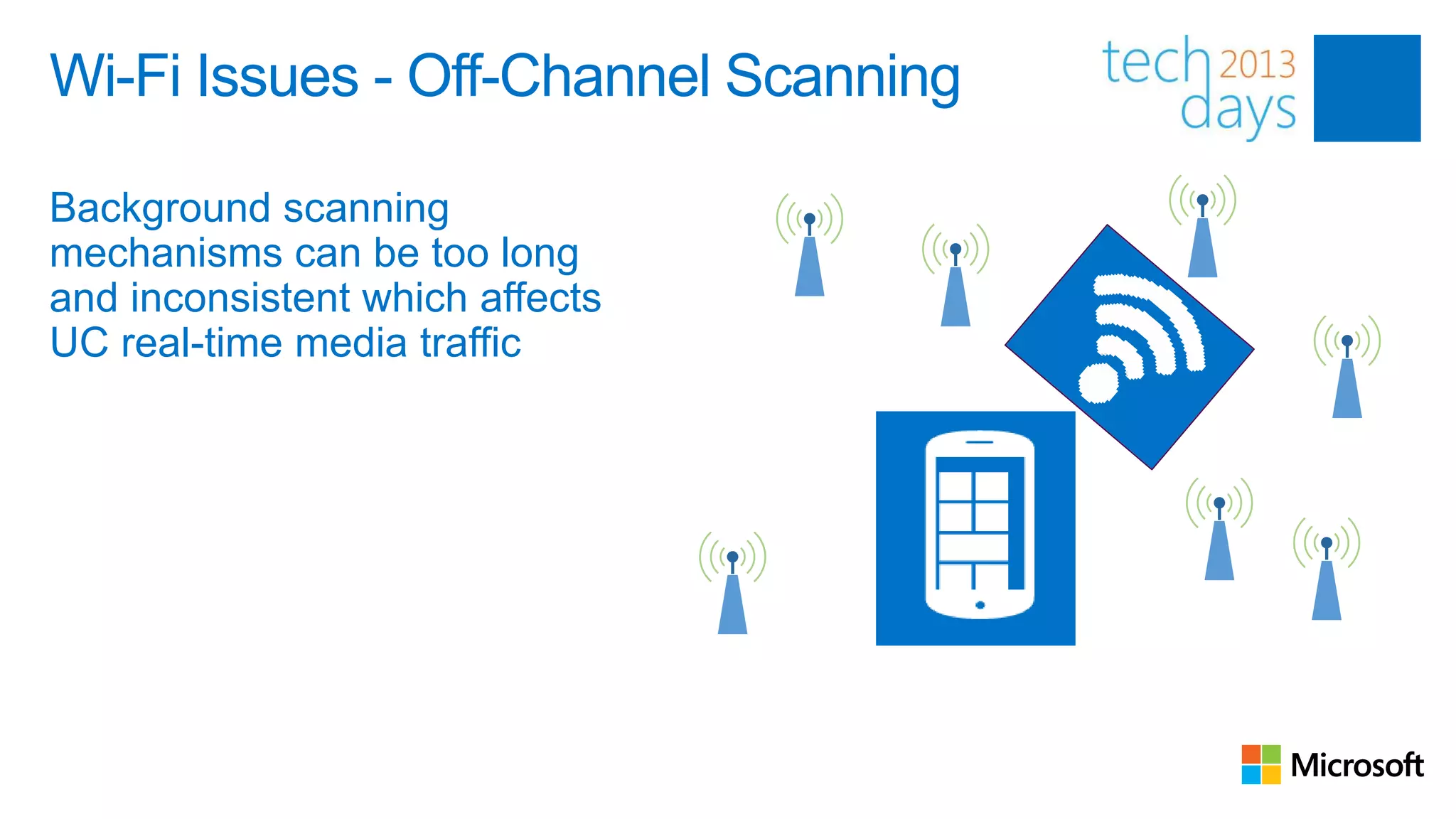 Wi-Fi Issues - Off-Channel Scanning

Background scanning
mechanisms can be too long
and inconsistent which affects
UC real-time media traffic
 