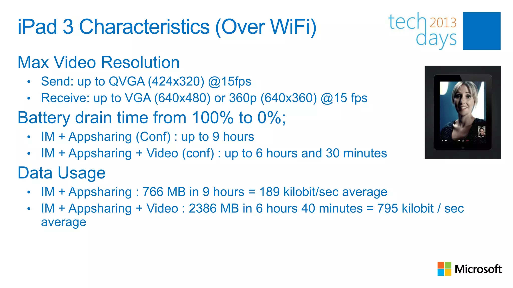 iPad 3 Characteristics (Over WiFi)
Max Video Resolution
 • Send: up to QVGA (424x320) @15fps
 • Receive: up to VGA (640x480) or 360p (640x360) @15 fps
Battery drain time from 100% to 0%;
 • IM + Appsharing (Conf) : up to 9 hours
 • IM + Appsharing + Video (conf) : up to 6 hours and 30 minutes
Data Usage
 • IM + Appsharing : 766 MB in 9 hours = 189 kilobit/sec average
 • IM + Appsharing + Video : 2386 MB in 6 hours 40 minutes = 795 kilobit / sec
   average
 