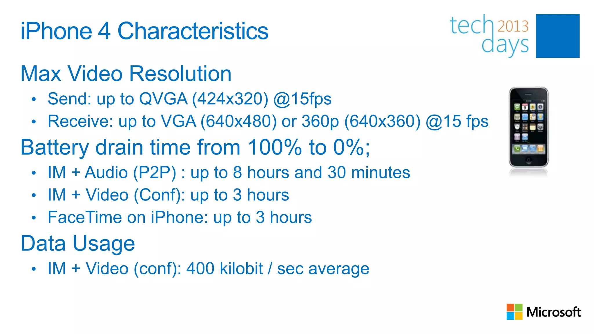 iPhone 4 Characteristics
Max Video Resolution
 • Send: up to QVGA (424x320) @15fps
 • Receive: up to VGA (640x480) or 360p (640x360) @15 fps
Battery drain time from 100% to 0%;
 • IM + Audio (P2P) : up to 8 hours and 30 minutes
 • IM + Video (Conf): up to 3 hours
 • FaceTime on iPhone: up to 3 hours
Data Usage
 • IM + Video (conf): 400 kilobit / sec average
 