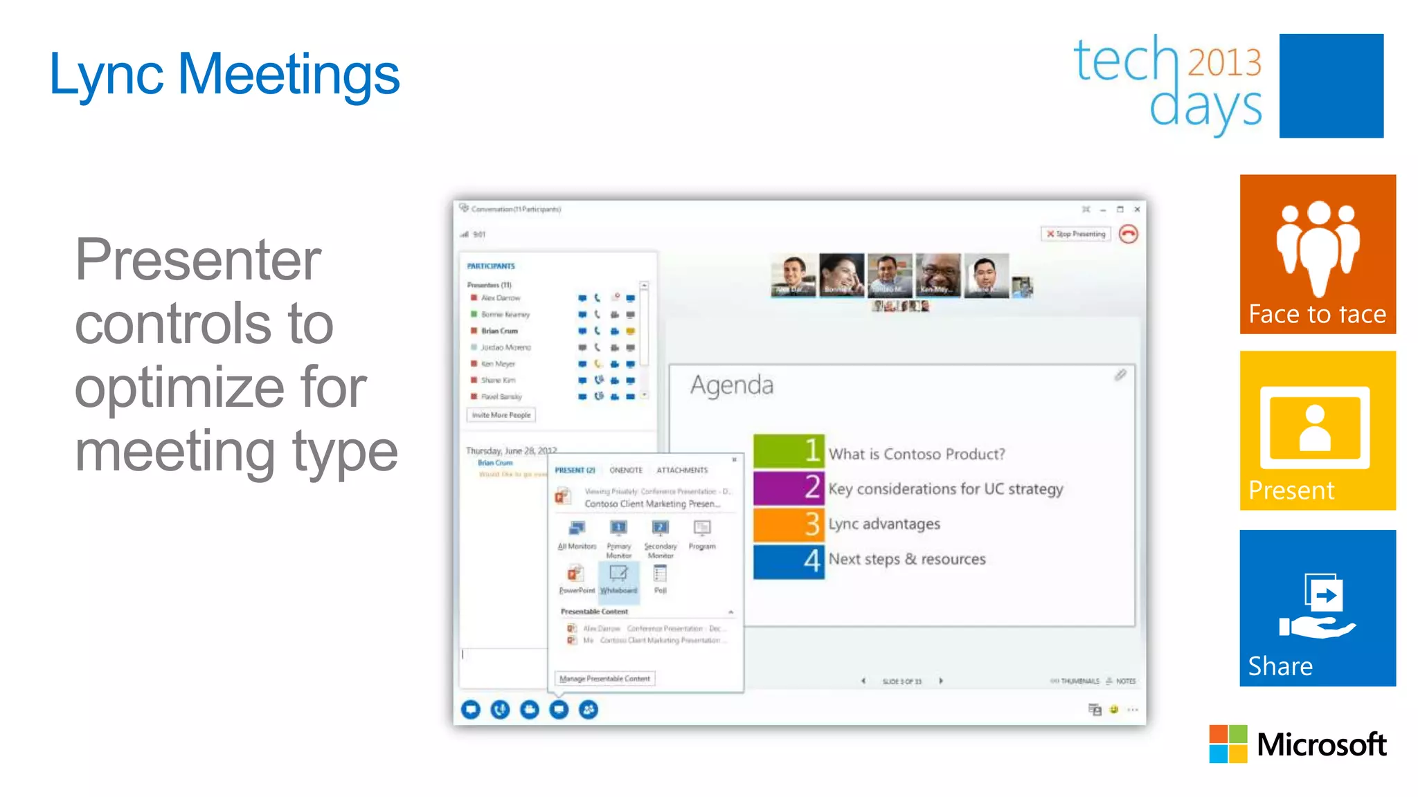 Lync Meetings


Presenter
controls to
optimize for
meeting type
 