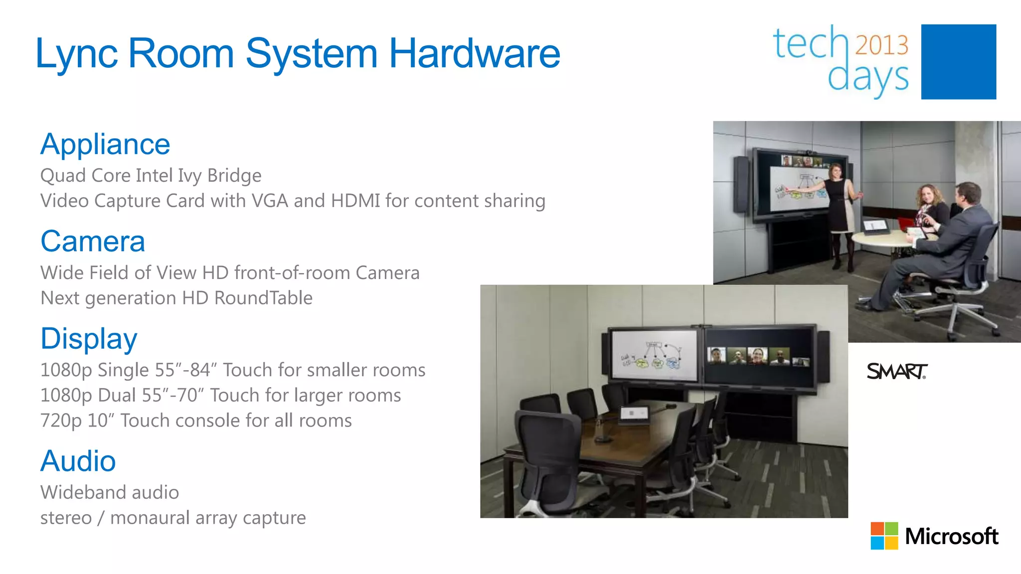 Lync Room System Hardware

Appliance
Quad Core Intel Ivy Bridge
Video Capture Card with VGA and HDMI for content sharing

Camera
Wide Field of View HD front-of-room Camera
Next generation HD RoundTable

Display
1080p Single 55”-84” Touch for smaller rooms
1080p Dual 55”-70” Touch for larger rooms
720p 10” Touch console for all rooms

Audio
Wideband audio
stereo / monaural array capture
 